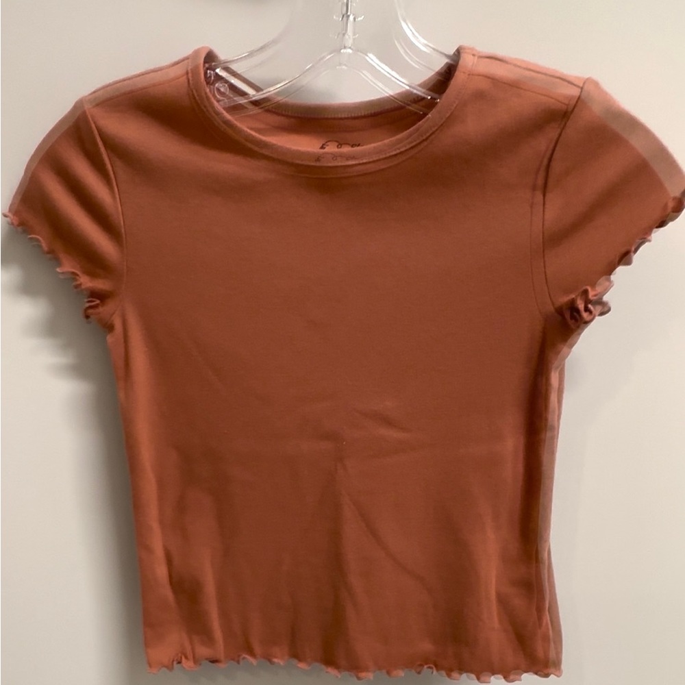 Girls Brown Top With Lettuce Cut Bottom And Lettuce Cut Sleeves